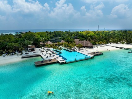 Aerial View, Paradise Island with Water Bungalows, Indian Ocean, Lankanfushi, North Male Atoll, Maldives, Asia