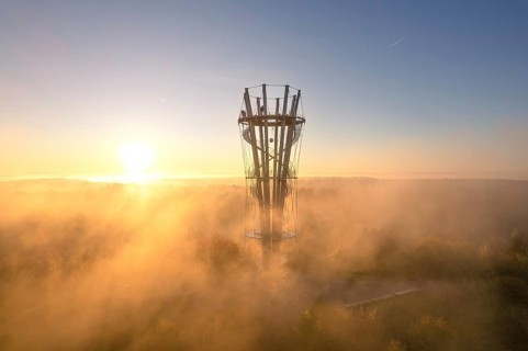 Sunrise in autumn fog, Schoenbuchturm, Herrenberg, Germany, Europe