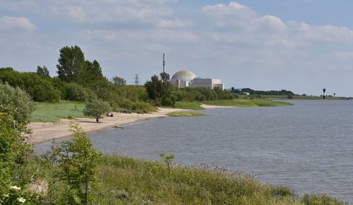 The decommissioned Brokdorf nuclear power plant on the beach of the Elbe, Schleswig-Holstein, Germany, Europe