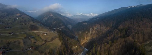 Salginatobel Bridge, educational object 1930s reinforced concrete bridge, engineering milestone ASCE, UNESCO World Heritage waiting list, drone image, Schiers Schuders, Praettigau, Graubuenden, Switze...