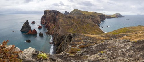 Coastal landscape, cliffs and sea, Miradouro da Ponta do Rosto, rugged coast with rock formations, Cape Ponta de Sao Lourenco, Madeira, Portugal, Europe