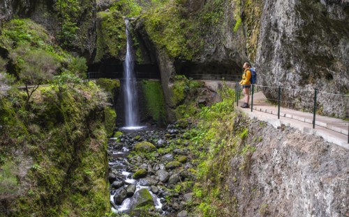 Levada do Moinho, Waterfall in a gorge, Ponta do Sol, Madeira, Portugal, Europe