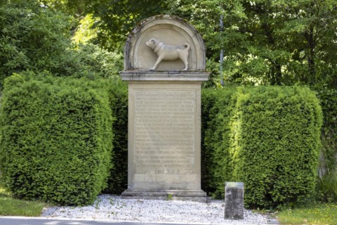 Pug monument erected in the park of the Centre for Psychiatry in front of Winnental Castle. A pug carved in stone commemorates the dog of Duke Karl Alexander, Winnenden, Baden-Wuerttemberg, Germany, E...