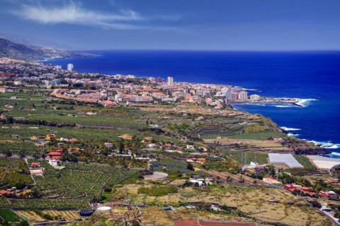 View over the Orotava valley to the Teide and Puerto de la Cruz, Tenerife, Canary Islands, Spain, Europe