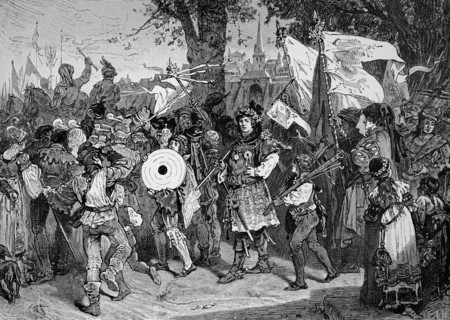A Riflemans Feast in Medieval Germany, Historical, digitally restored reproduction from a 19th century original