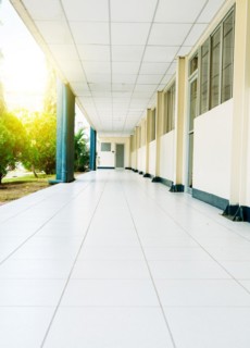 View of a corridor of a student institution. Corridors of a university on a sunny day