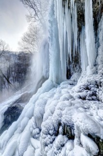 Icicles at the waterfall, permafrost with icy landscape, Swabian Alb, Bad Urach, Baden-Wuerttemberg, Germany, Europe