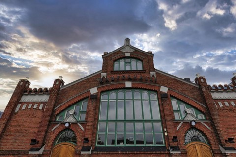 Kauppahalli Historic Market Hall, detail of the facade, city centre, Oulu, North Ostrobothnia, Finland, Europe