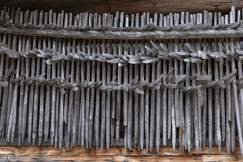 Huinzen, hay rack on an old farmhouse, Riezlern in Kleinwalsertal, Austria, Europe