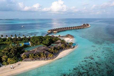 Aerial view, Hurawalhi Island resort with beaches and water bungalows, North Male Atoll, Maldives, Indian Ocean, Asia