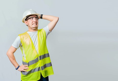 Worried engineer man looking up. Troubled young engineer holding his head looking up. Engineer problems concept, Worried builder engineer holding his head