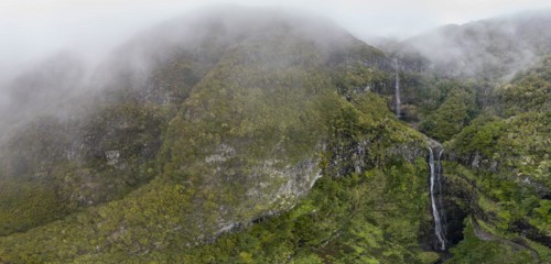 Aerial view, Lagoa do Vento with Upper Risco waterfall, forest and fog, Rabacal, Madeira, Portugal, Europe