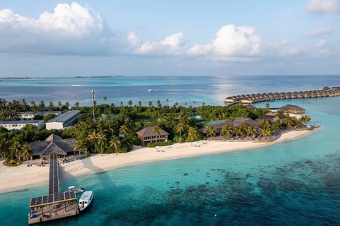 Aerial view, Hurawalhi Island resort with beaches and water bungalows, North Male Atoll, Maldives, Indian Ocean, Asia