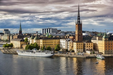 View from the viewpoint Monteliusvaegen to the island Riddarholmen, old town Gamla Stan, evening light, Stockholm, Maelaren, Sweden, Europe