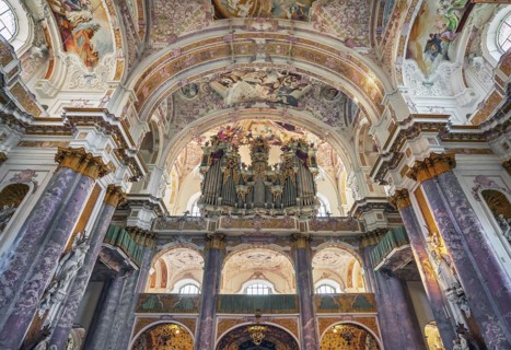 Organ loft, Marienkirche in Fuerstenfeld Abbey, former Cistercian abbey in Fuerstenfeldbruck, Bavaria, Germany, Europe