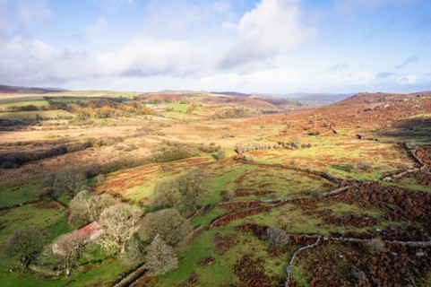 View over Emsworthy Mire from a drone, Haytor Rocks, Dartmoor National Park, Devon, England, UK