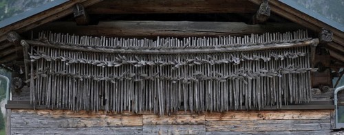 Huinzen, hay rack on an old farmhouse, Riezlern in Kleinwalsertal, Austria, Europe