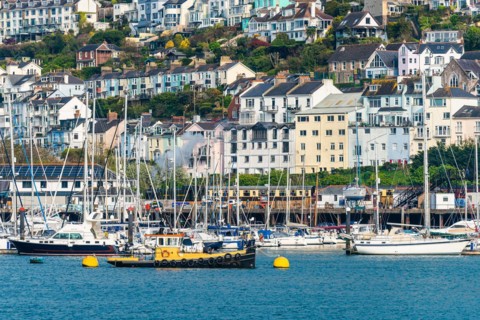 Steam Train and Boats over River Dart, Kingswear from Dartmouth, Devon, England, United Kingdom, Europe