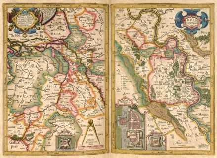 Atlas, map from 1623, Rhineland, Germany and Brabant, Belgium, digitally restored reproduction from an engraving by Gerhard Mercator, born as Gheert Cremer, 5 March 1512, 2 December 1594, geographer a...