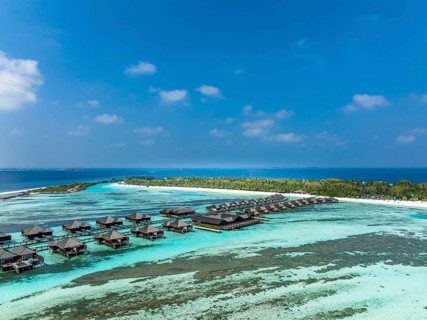 Aerial View, Paradise Island with Water Bungalows, Indian Ocean, Lankanfushi, North Male Atoll, Maldives, Asia