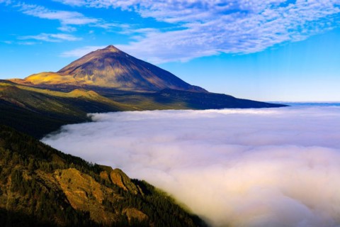 Pico del Teide at sunrise over trade wind clouds, Teide National Park, Tenerife, Canary Islands, Spain, Europe