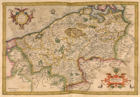 Atlas, map from 1623, Flanders, Belgium, digitally restored reproduction from an engraving by Gerhard Mercator, born as Gheert Cremer, 5 March 1512, 2 December 1594, geographer and cartographer, Europ...