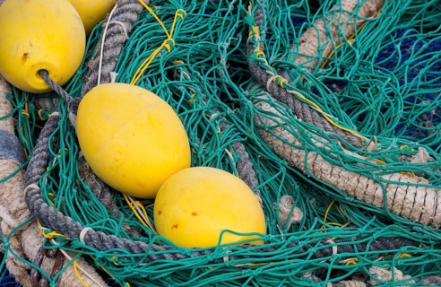 Fishing net with ropes and buoys, Majorca, Balearic Islands, Spain, Europe