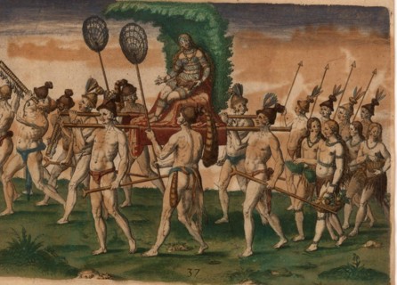 Native Americans carry their future queen on a palanquin. In front of them walk men playing musical instruments like a trumpet, followed by woman carrying baskets of fruit and soldiers with spears. Tw...