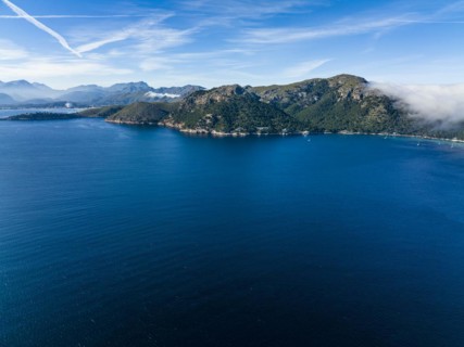 Aerial view, Spain, Balearic Islands, Port de Pollenca, Formentor Peninsula with Formentor Beach, Hotel Royal Hideaway Formentor formerly Hotel Formentor, Cala Pi de la Posada, Illa del Geret, Europe