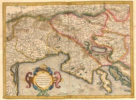 Atlas, map from 1623, Gulf of Trieste, Italy, Istria, digitally restored reproduction from an engraving by Gerhard Mercator, born as Gheert Cremer, 5 March 1512, 2 December 1594, geographer and cartog...