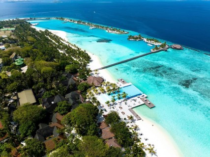 Aerial View, Paradise Island with Water Bungalows, Indian Ocean, Lankanfushi, North Male Atoll, Maldives, Asia