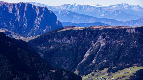 Mountains of the Dolomites, above Ortisei, view from the Seceda peak, Val Gardena, Dolomites, South Tyrol, Italy, Europe
