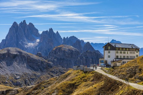 Auronzo Hut, behind the peaks of the Cadini di Misurina, Dolomites, South Tyrol, Italy, Europe