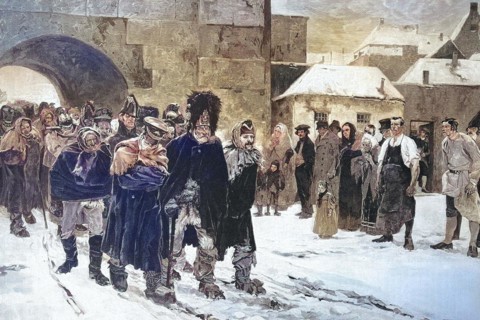 The defeated troops from Napoleons army return home, Historical, digitally restored reproduction of an original from the 19th century, exact date unknown