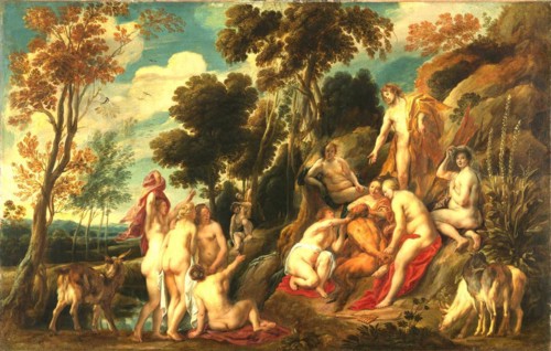 Marsyas, abused by the Muses, In Greco-Roman myth a satyr, a semi-divine being, son of Hyagnis, companion of Cybele, Painting by Jacob Jordaens, Historical, digitally restored reproduction from a hist...