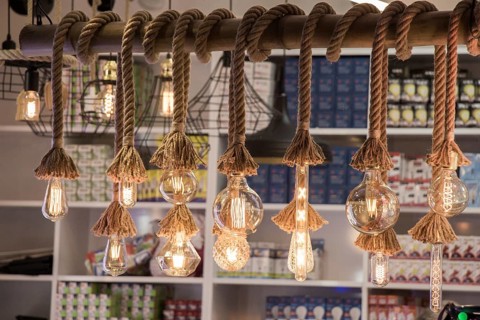 Decorative antique edison style filament light bulbs hanging