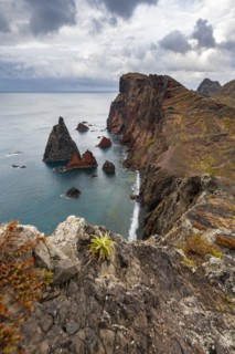 Coastal landscape, cliffs and sea, Miradouro da Ponta do Rosto, rugged coast with rock formations, Cape Ponta de Sao Lourenco, Madeira, Portugal, Europe