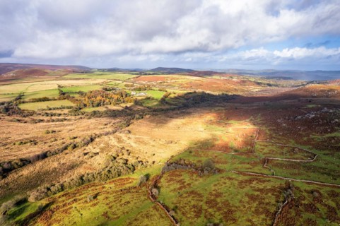 View over Emsworthy Mire from a drone, Haytor Rocks, Dartmoor National Park, Devon, England, UK