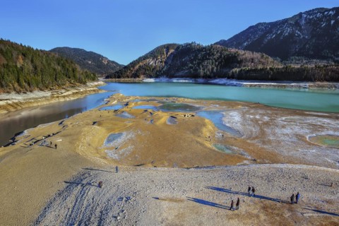 Sylvenstein reservoir, partially drained with foundation walls of old buildings, Bavaria, Germany, Europe