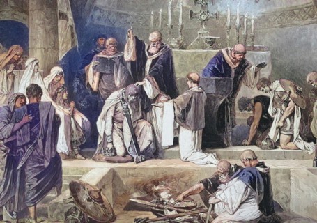 Clovis was the first king of the Franks, here the Baptism of Clovis, Historical, digitally restored reproduction of an original from the 19th century, exact date unknown