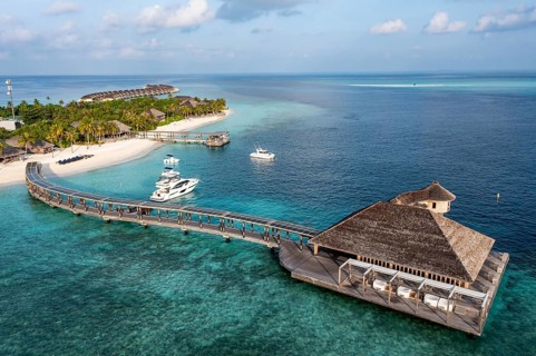 Aerial view, Hurawalhi Island resort with beaches and water bungalows, North Male Atoll, Maldives, Indian Ocean, Asia