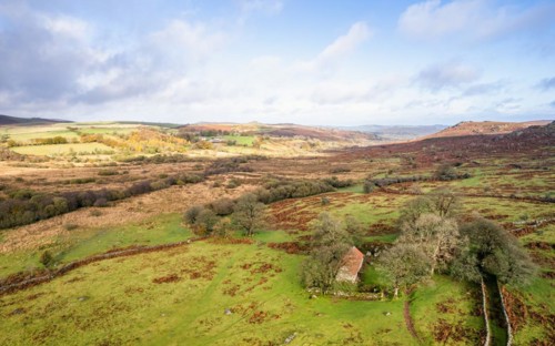 View over Emsworthy Mire from a drone, Haytor Rocks, Dartmoor National Park, Devon, England, UK