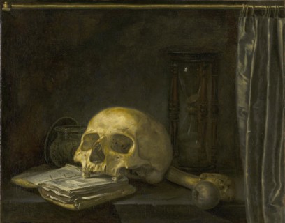 Vanitas Still Life with a Skull on a Book, Historical, digitally restored reproduction of a historical work of art