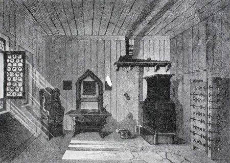 The Room of Martin Luther at Wartburg Castle, Germany, Historic, digitally restored reproduction from a 19th century original, Europe