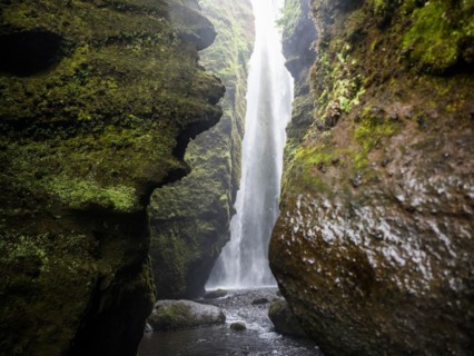 Gljufrabui waterfall in a gorge, near Hamragardar, South Iceland, Iceland, Europe