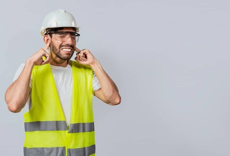 Engineer with ear pain isolated, Young engineer covering his ears isolated, Builder man with ear pain, Concept of engineer covering his ears with pain expression