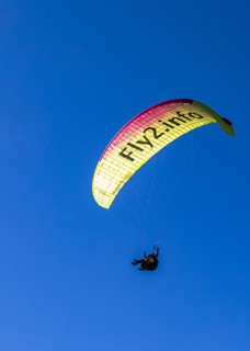 Paragliding tandem flight, Val Gardena, Dolomites, South Tyrol, Italy, Europe