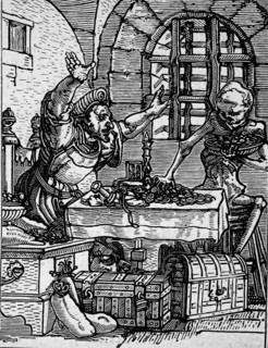Dance of Death, also called Danse Macabre by Hans Holbein the Younger, Death and the Miser, Historical, digitally restored reproduction from a 19th century original