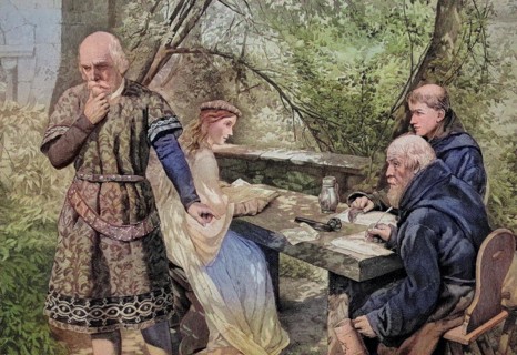 Wolfram von Eschenbach was a German knight and poet, regarded as one of the greatest epic poets of medieval German literature, here he dictates the Parzival, Historical, digitally restored reproductio...