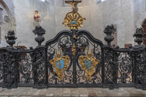Artfully forged grille in front of the chancel, Barfuesser Kirche, Augsburg, Bavaria, Germany, Europe